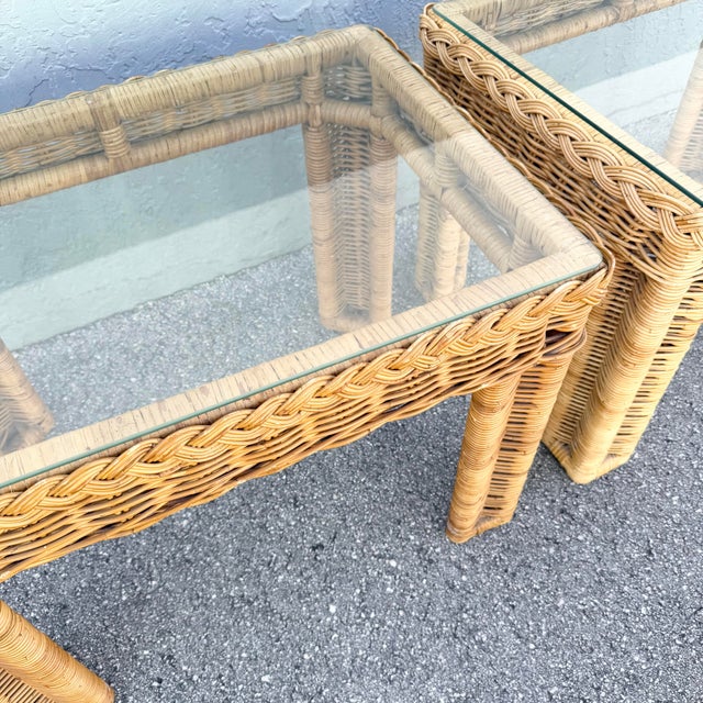 Wood Boho Chic Woven Wicker Glass Top Side Tables - A Pair For Sale - Image 7 of 8