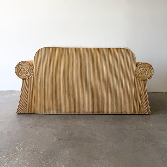 Vintage 1970s Pencil Reed Loveseat, Bouclé Upholstered Bamboo Settee, Coastal Boho Rattan Sofa For Sale - Image 11 of 15