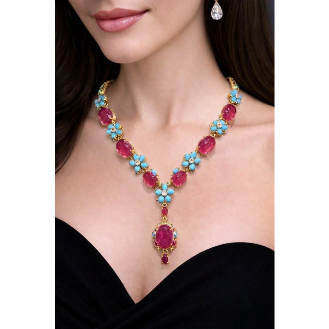 Bochic “Capri” Vintage Ruby & Turquoise Flower Necklace - 18K & Silver For Sale In New York - Image 6 of 9