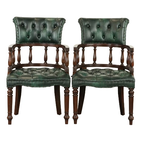 Chesterfield Desk Chairs in Green Flame-Patterned Cowhide Leather, Set of 2 For Sale