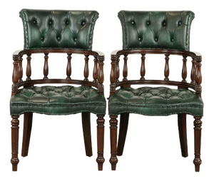 Chesterfield Desk Chairs in Green Flame-Patterned Cowhide Leather, Set of 2