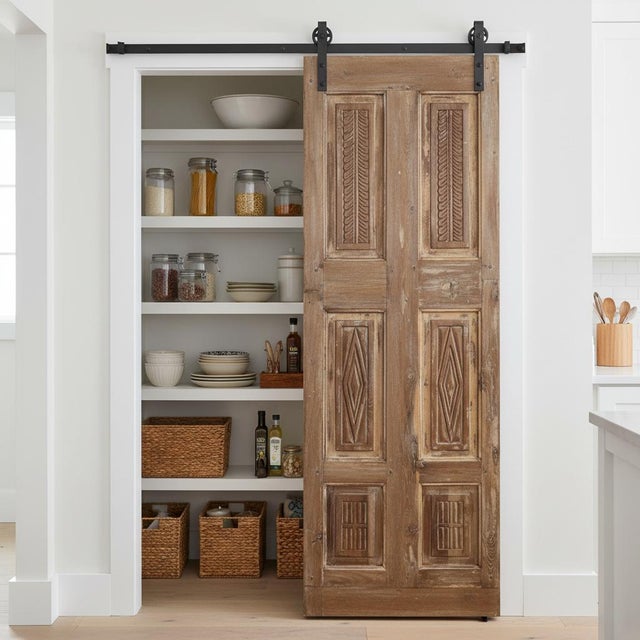 Rustic Modern Carved Double Doors – Reclaimed Wood Pantry Doors 80x29 For Sale - Image 4 of 4