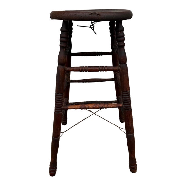 A Neat Antique Oak Workbench Barstool, With Wire Repairs, Circa 1890’s For Sale