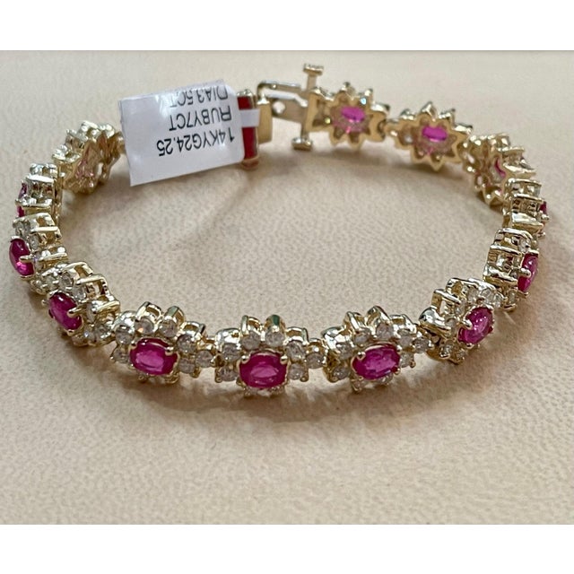 7 Carat Oval Cut Natural Ruby & Diamond Tennis Bracelet 14kt Yellow Gold 24.5 G For Sale - Image 13 of 18