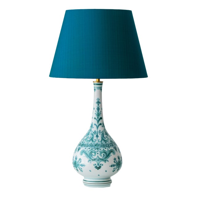 Vintage Royal Delft Teal Hand-Painted Ceramic Table Lamp with New Peacock Blue Dupion Silk Shade, Delvert Series, 1970s For Sale