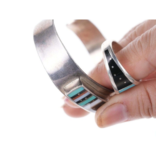 Late 20th Century Harold Smith Native American Sterling, turquoise, coral, Jet, and shell inlay Br For Sale - Image 5 of 10