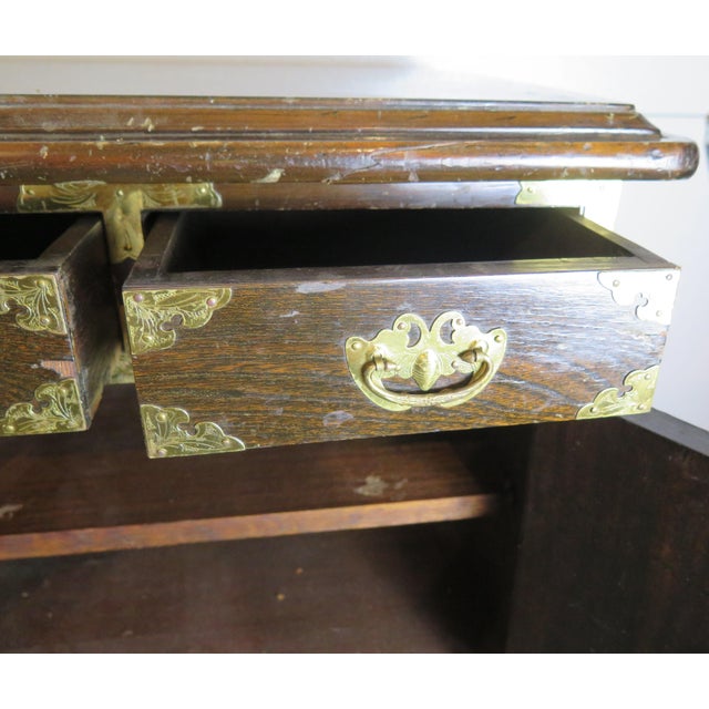 Japanese Mid-Century Japanese Mahogany Wood Side Table With Intricate Original Brass Hardware/Single For Sale - Image 3 of 9