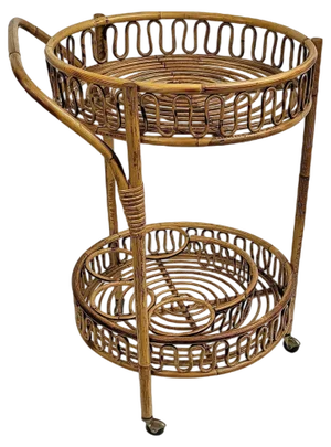 Italian Bohemian Round Serving Bar Cart in Bamboo and Rattan by Franco Albini, 1960s