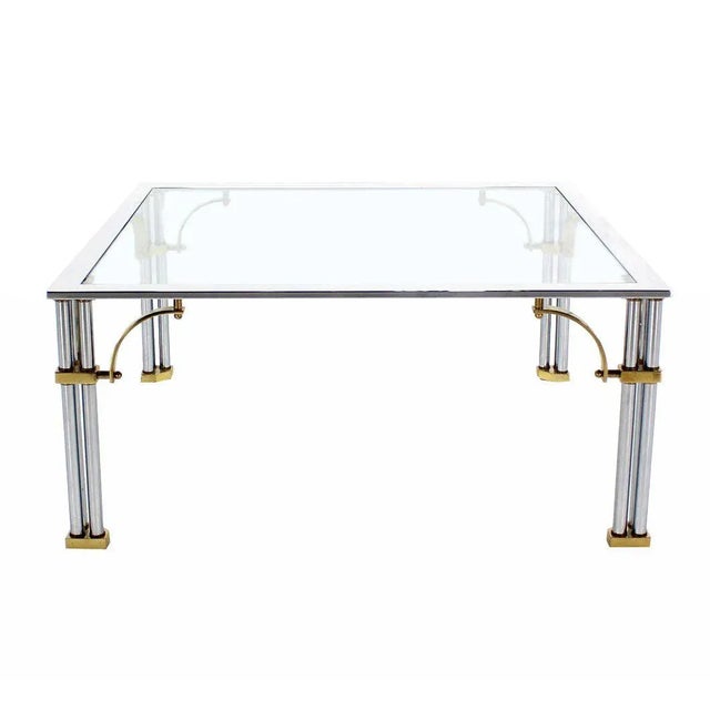 Transparent Vintage Mid Century Brass, Chrome, and Glass-Top Square Coffee Table For Sale - Image 8 of 9