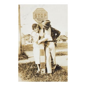 1920s Cute Couple at School Stop Sign Vernacular Snapshot Photograph