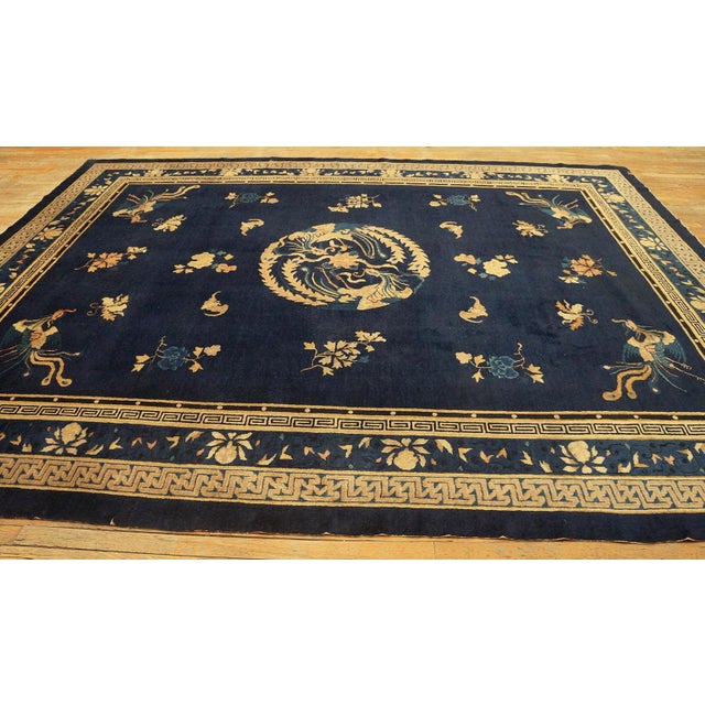 Textile 1890s Blue Ground Scattered Floral Sprays Antique Chinese Peking Knotted Rug For Sale - Image 7 of 11