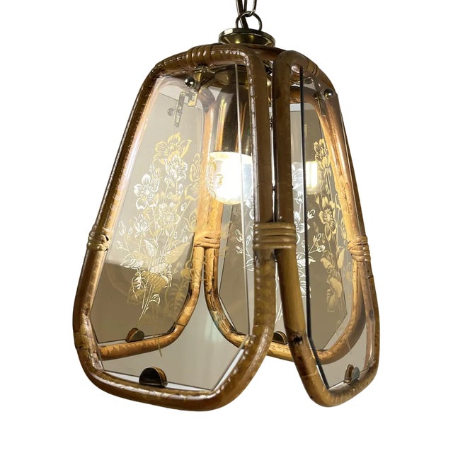 Bamboo and Hand-Engraved Murano Glass Chandelier, Italy, 1950s For Sale