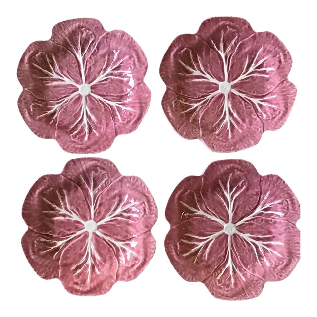 Vintage Mid-Century Modern Bordallo Pinheiro Cabbage Pink Majolica Dinner Plate - Set of 4 For Sale