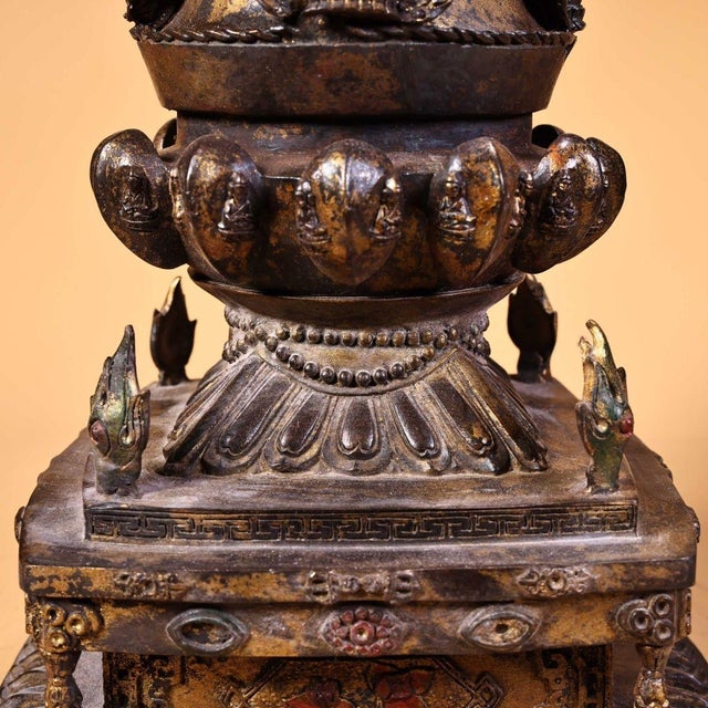 Large Vintage Gilt Bronze Tibetan Stupa - Himalayan Buddhist Chorten Altar Shrine For Sale - Image 10 of 10