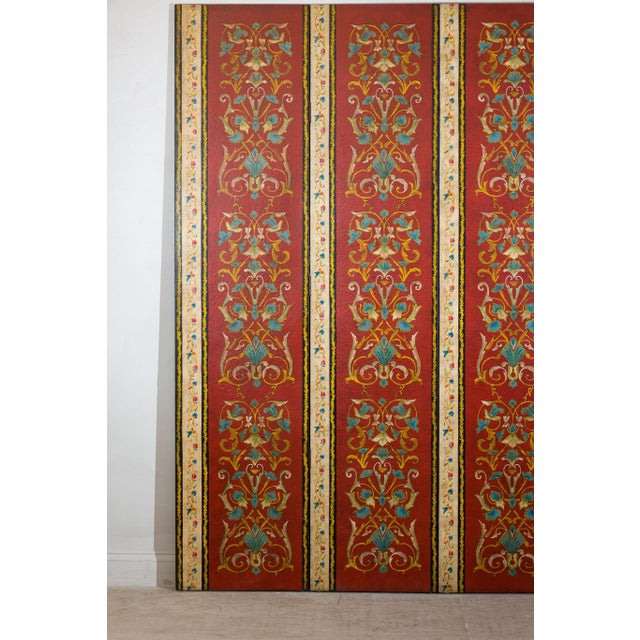 Four-Panel Red Lacquer Folding Screen with Hand-Painted Floral Scrollwork For Sale - Image 11 of 12