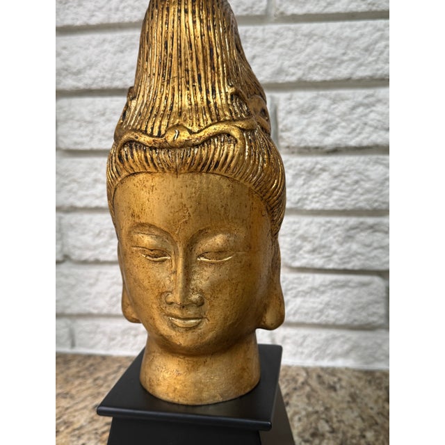 Paint Pair of Mid Century Hollywood Regency Buddha Head Lamps in the Style of James Mont – Gold Leaf, Restored, 1960s For Sale - Image 7 of 7