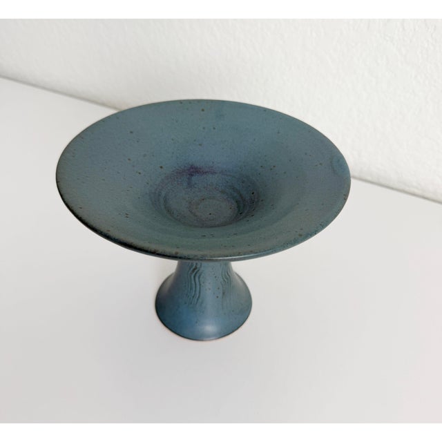 Ceramic Vintage French Blue Stoneware Pedestal Bowl For Sale - Image 7 of 9