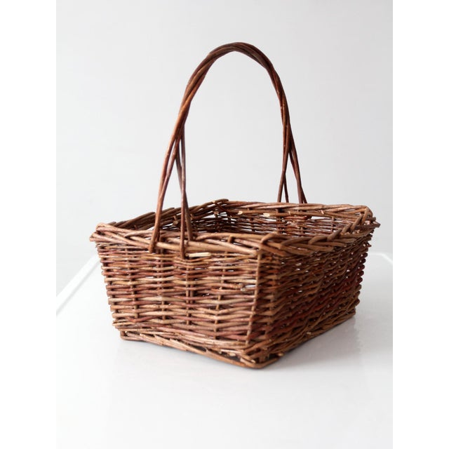 Brown Vintage Rustic Woven Willow Market Basket With Handle For Sale - Image 8 of 12