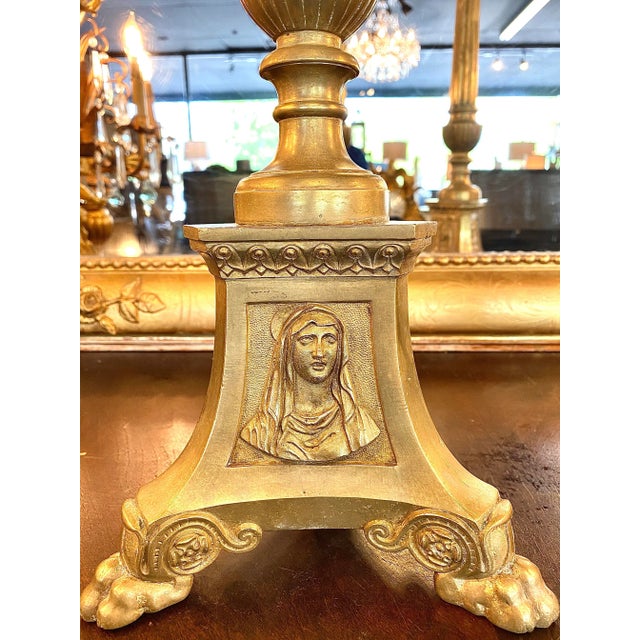 Magnificent pair of 19th century French heavy brass cathedral or altar candlesticks, ornately decorated fluted pillars,...