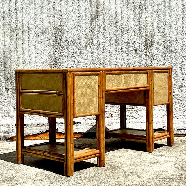 Wood Vintage Coastal Woven Rattan Writing Desk For Sale - Image 7 of 8