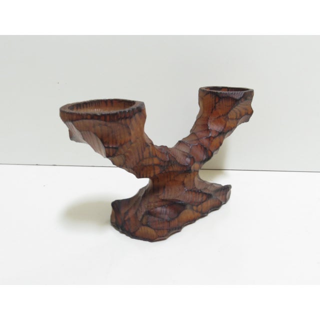 Vintage German Brutalist Hand Carved Wooden Candle Holder - Set of 3 For Sale - Image 4 of 12
