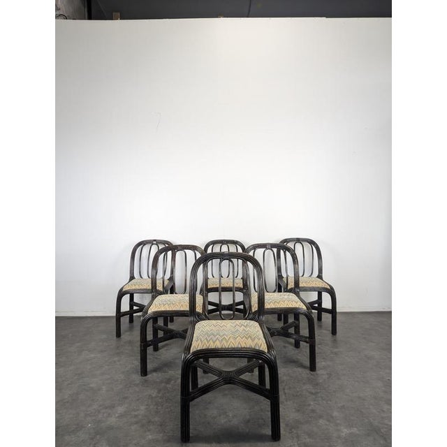 Black Lacquered Rattan Chairs with Fabric Seats, 1970s, Set of 6, in Very Good conditions. Designed 1970 to 1979