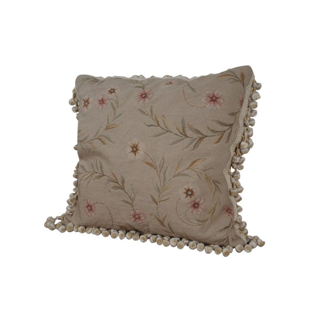 20th century square needlepoint throw pillow, hand embroidered with pink and cream morning glories, on spiraling leafy...