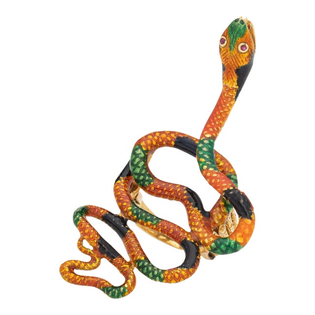 Vintage Enamel Snake Ring 18k Yellow Gold Large Coiled Serpent Cocktail Jewellery size 6.5 For Sale