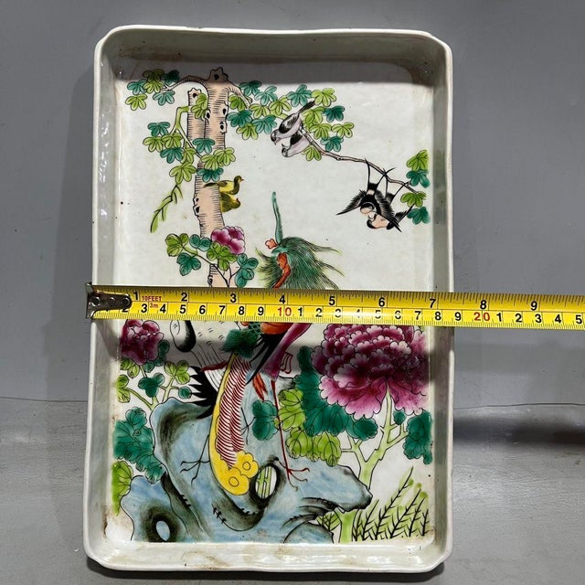 Chinese 1970s Chinese Famille Rose Porcelain Rectangular Tray With Phoenix and Peonies For Sale - Image 3 of 9