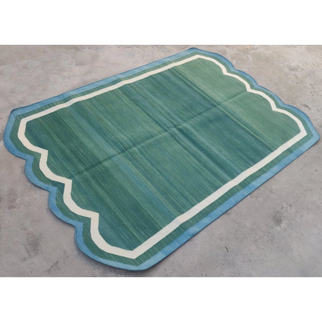 Casa Cosima Handmade Cotton Scalloped Rug, Forest Green With Cream and Teal Blue Border - 4'x6' For Sale - Image 4 of 11