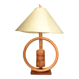 1950s Bohemian Bent Bamboo Table Lamp Original Goatskin Shade
