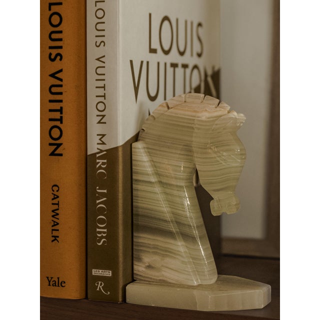Light Green Vintage Mid-Century Modern Hand Carved Green Onyx Horse Head Bookends For Sale - Image 8 of 9