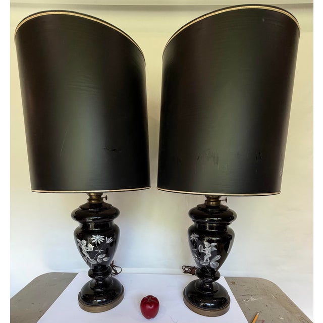 Victorian Antique Mary Gregory Black Amethyst Glass Table Lamps With Cherub & Floral Decoration, Brass Fittings a Pair For Sale - Image 3 of 12