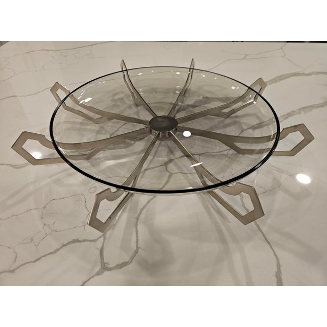 Original retail $2547, stylish Jean Louis Deniot Modern Brass Iron Eye Low Bowl, clear glass bowl.
