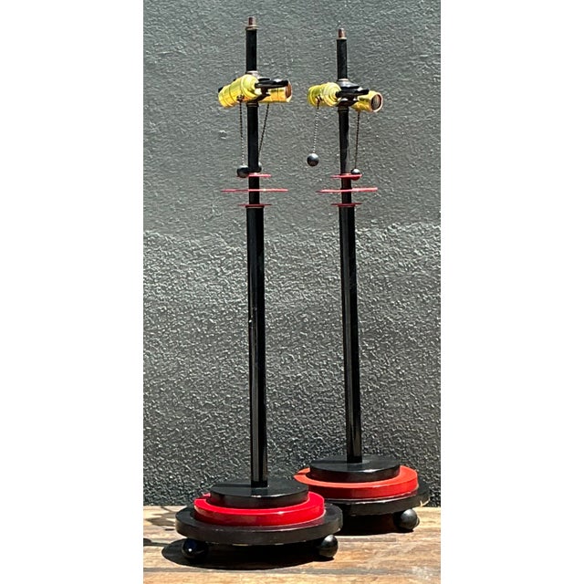 Wood Vintage Postmodern Stacked Disc Lamps - A Pair For Sale - Image 7 of 12