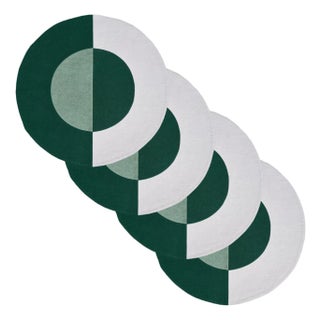 Misette Bauhaus Embroidered Linen Round Placemats in Green, Set of 4 For Sale