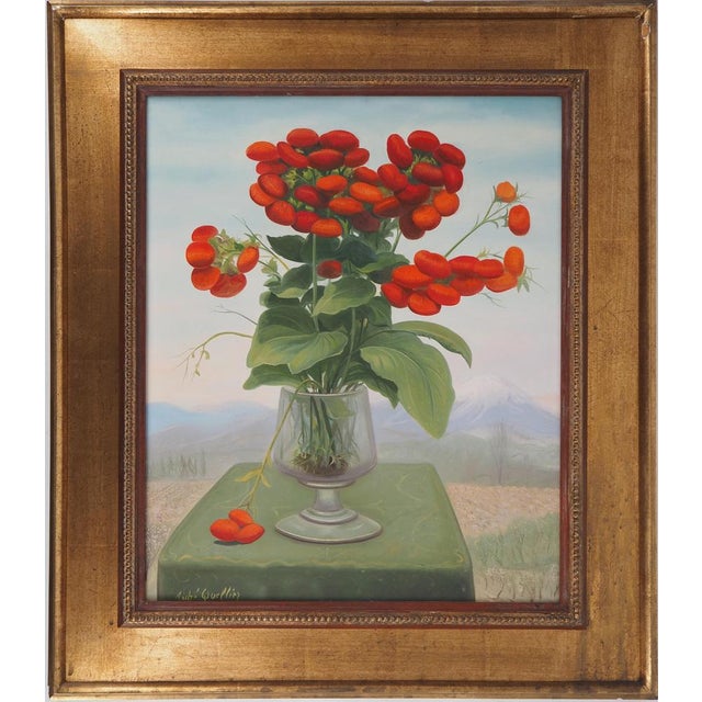 André QUELLIER (1925-2010) Red bouquet: calceolars and the mountain Oil on panel Signed lower left On hardboard panel 48 x...