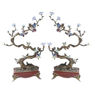 French Bronze Branches with Porcelain Birds and Flowers, Set of 2 For Sale