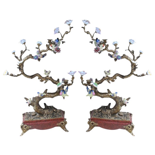 French Bronze Branches with Porcelain Birds and Flowers, Set of 2 For Sale