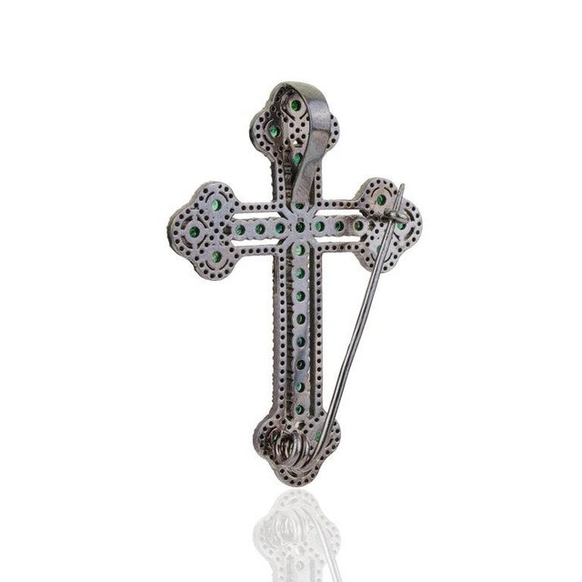 Royal Victorian Style Emerald & Diamond Cross Brooch Pendant in 925 Sterling Silver For Sale - Image 10 of 14