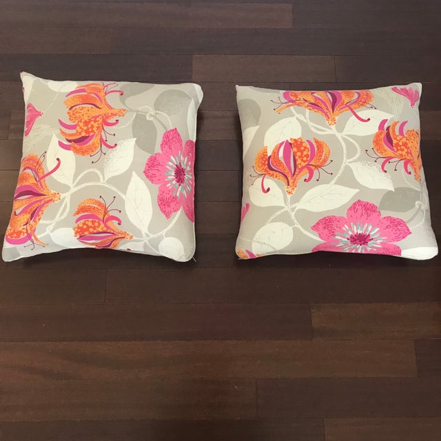 Textile Pink & Orange Floral Pillows - a Pair For Sale - Image 7 of 7