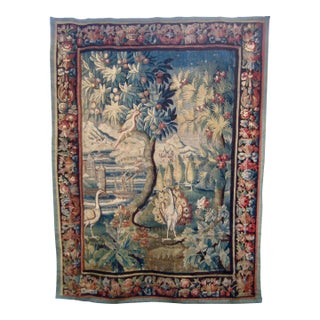 French Aubusson Verdure Two Peacocks, Parrot and Boats 18 Century For Sale