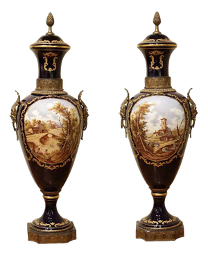 Napoleon III Blue Royal Lidded Vases Hand Painted Landscapes and Bronze Handles, Set of 2