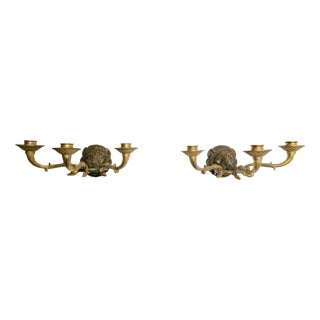 20th Century French Bronze & Brass Wall Sconces with Lion Heads, Set of 2 For Sale