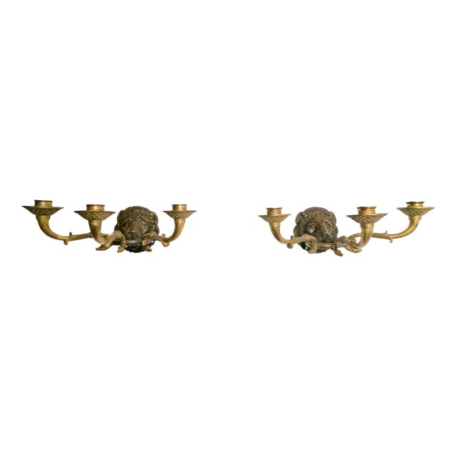 20th Century French Bronze & Brass Wall Sconces with Lion Heads, Set of 2 For Sale