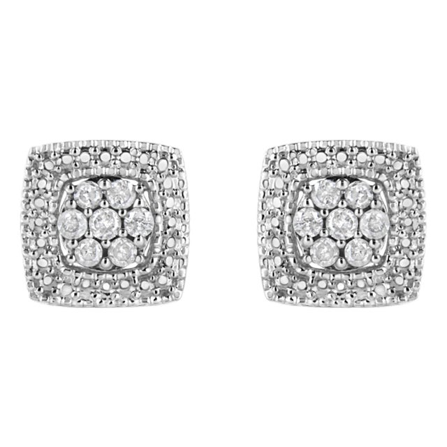 .925 Sterling Silver 1/2 Cttw Diamond Miligrain Square Shape Stud Earrings (I-J Color, I2-I3 Clarity) For Sale