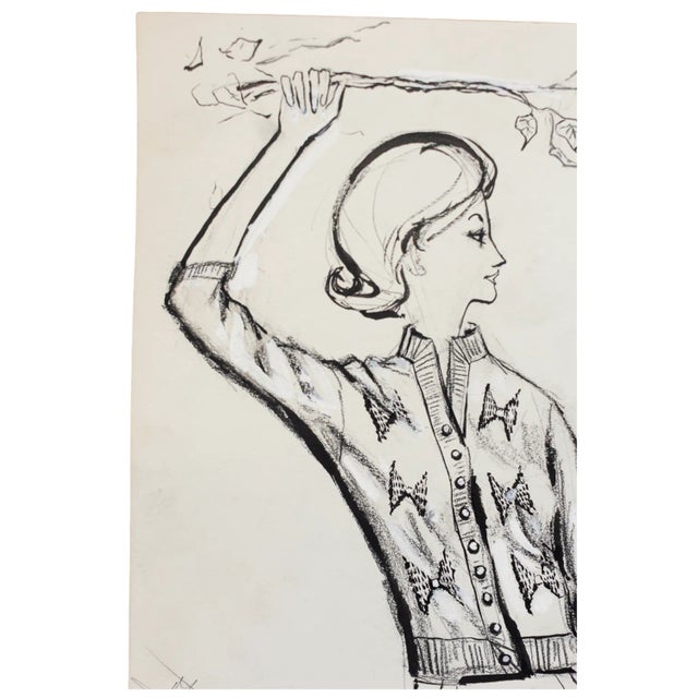 Cream Mid-Century Fashion Illustration Sketch, 1960 — Original Magazine Advertising Art For Sale - Image 8 of 11