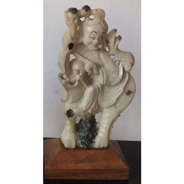 Late 19th Century Pair of 19th Century Carved Stone Qilin Rider Sculptures on Wooden Bases. For Sale - Image 5 of 7