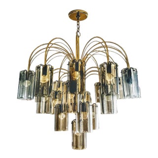 Grand-Scale 1970s Smoked Glass and Brass 22-Light Waterfall Chandelier For Sale