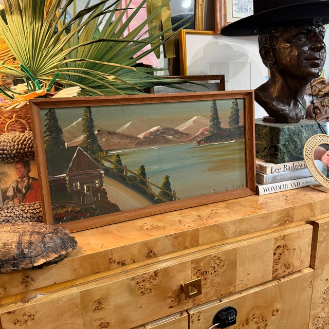 Mid-Century Folk Art Mountain Cabin Landscape Oil Painting in Walnut Frame For Sale - Image 11 of 11